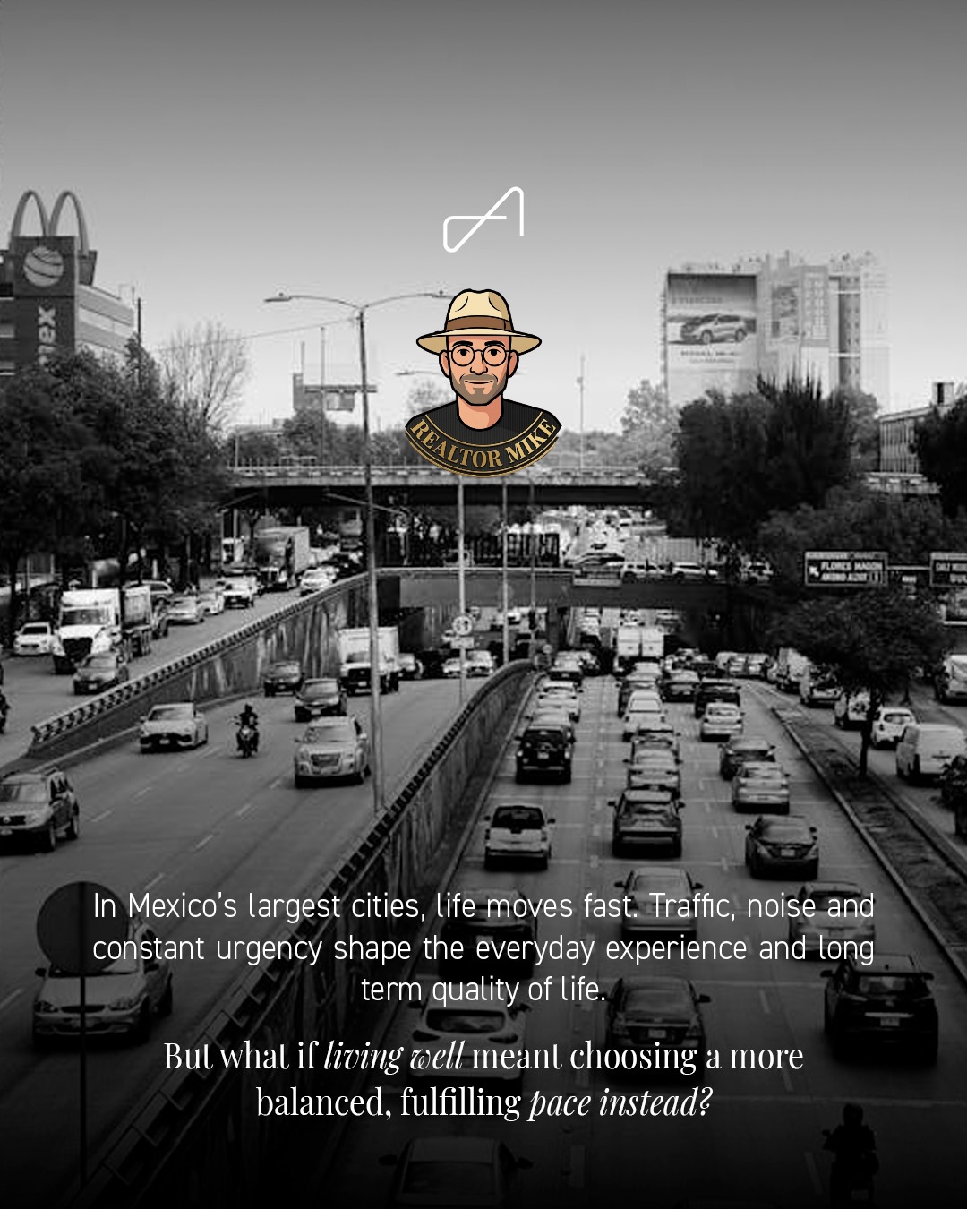 Heavy traffic in a large Mexican city at dusk.