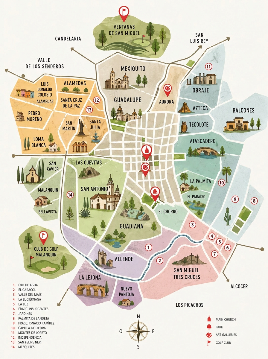 Illustrated map of San Miguel de Allende neighborhoods
